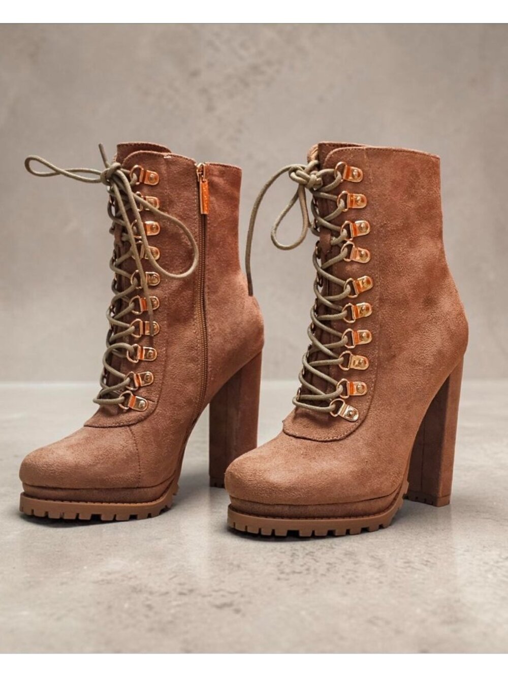 Faux Suede Lace-Up High Heel Platform Boots Taupe Womens Size 6.5 - Picture 7 of 15